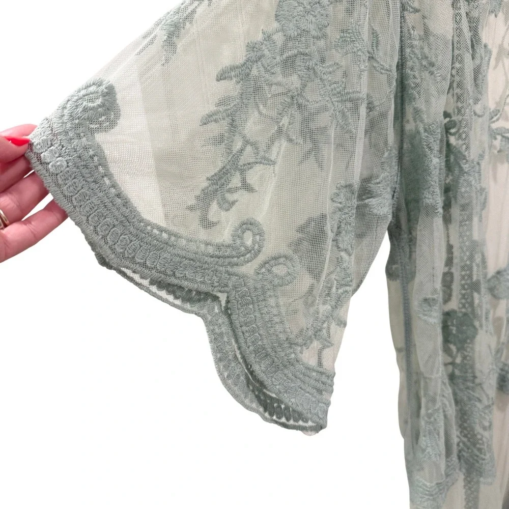 Anna-Kaci Sage Green Embroidered Lace Kimono Duster One Size Sheer Floral